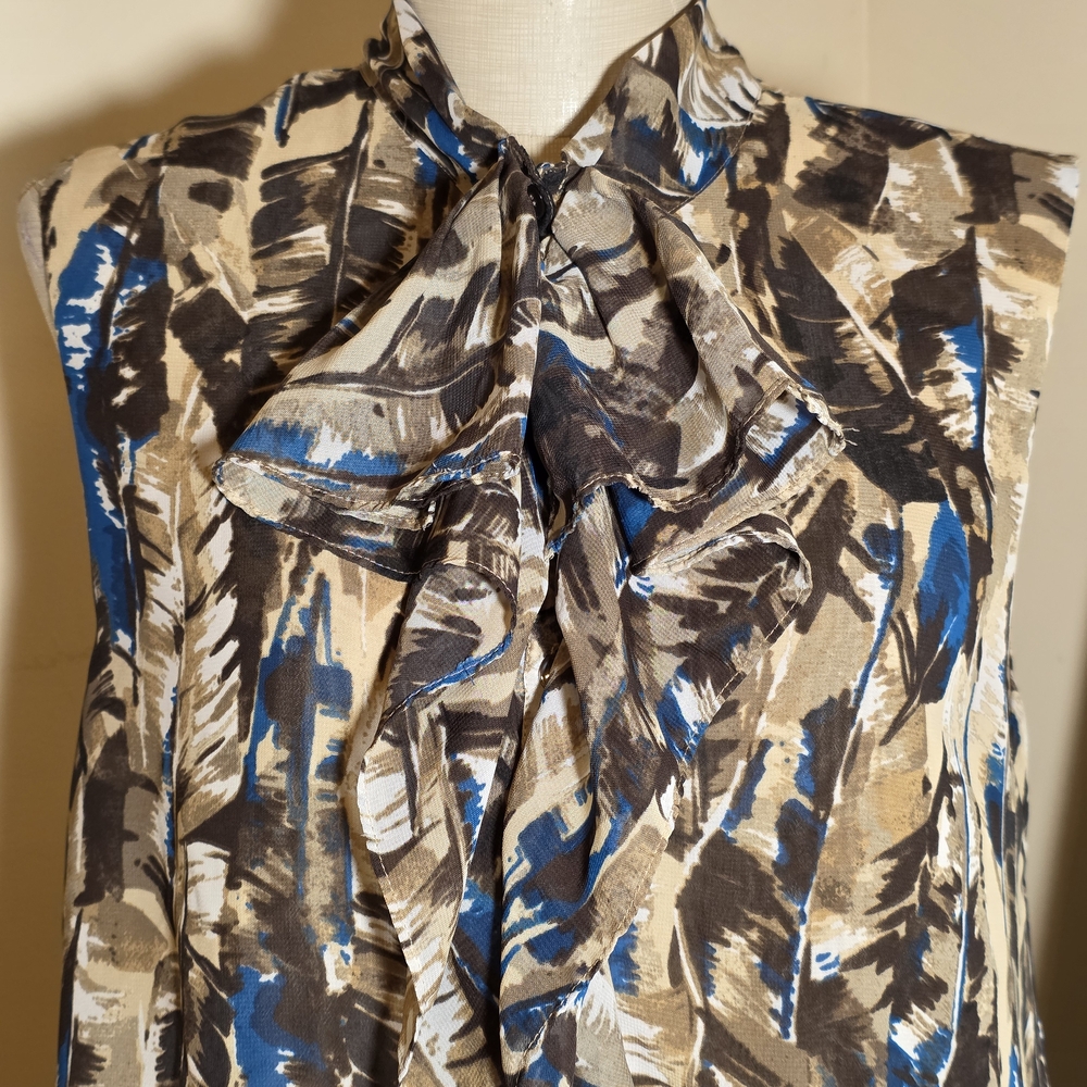 Y2K Kenneth Cole Blue & Brown Sleeveless Peplum Ruffled Blouse.  Sz 6.  ECU